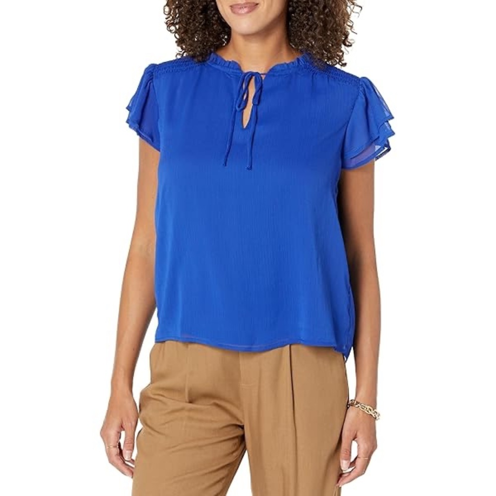 CeCe Royal Blue Keyhole Blouse Smocked Shoulder Short Sleeve Blouse Size XL